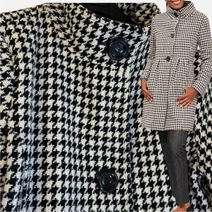 Wool Blend Houndstooth Pea Coat Lg Pleated Peplum Retro Mod Vibe Dark Academia